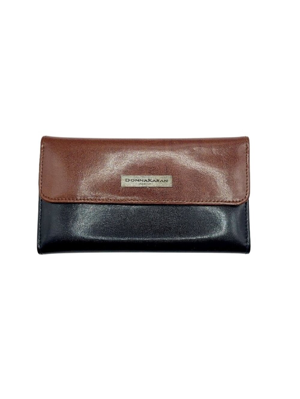 Donna Karan Wallet Clutch Black and Brown Leather Genuine Crafted Metal Logo